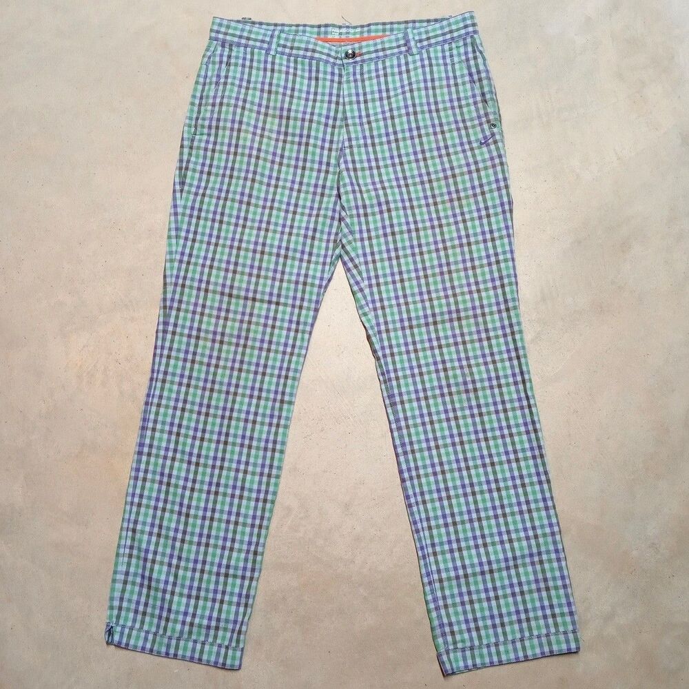 Nike Golf Pants Size 36x32 Green Purple Plaid Dri-FIT Performance Stretch Retro